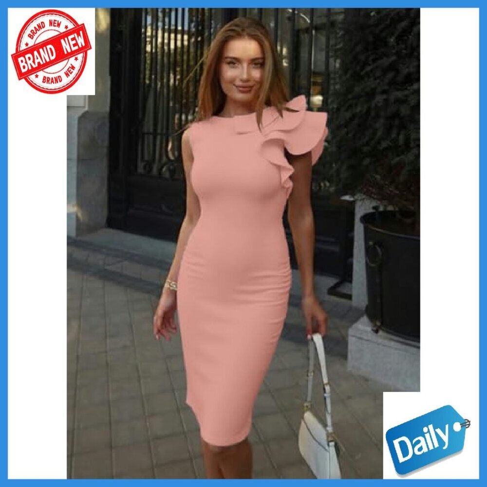 Elegant Formal Bodycon Ruffle Sleeveless Midi Cocktail Party Dress - Picture 7 of 7